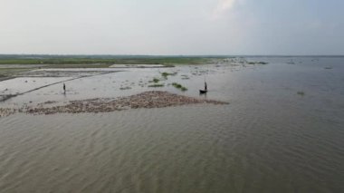 İnsan, ördek sürüsünü nehirden uzaklaştırır ördek sürüsü suda kürek çeken genç yaban ördekleridir birlikte yüzen ördek sürüsü, birlikte yüzen ördek sürüsüdür.
