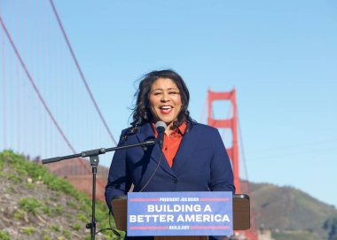San Francisco, CA - Jan 23, 2023:  Mayor London Breed speaking at a Press Conference in front of the GGB, highlighting the federal governments investments in infrastructure.