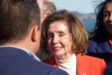 San Francisco, CA - Jan 23, 2023: Former Speaker, Congresswoman Nancy Pelosi at a Press Conf in front of the GGB. Highlighting the fed governments investments in infrastructure