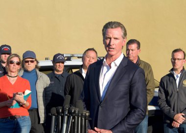 Half Moon Bay, CA - Jan 24, 2023: California Governor Gavin Newsom speaking at a Press Conference in the aftermath of  mass shootings.
