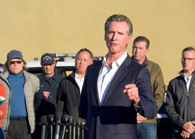 Half Moon Bay, CA - Jan 24, 2023: California Governor Gavin Newsom speaking at a Press Conference in the aftermath of  mass shootings.