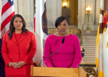 San Francisco, CA - Jan 25, 2023: Kimberly Ellis, Director of the Dept of the Status on women, speaking at a Press Conf announcing the new Bay Area Abortion Rights Coalition (BAARC)
