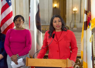 San Francisco, CA - Jan 25, 2023: Mayor London Breed speaking at a Press Conference at City Hall announcing the new Bay Area Abortion Rights Coalition (BAARC)