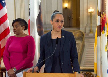 San Francisco, CA - Jan 25, 2023:  District Attorney Brooke Jenkins speaking at a Press Conf at City Hall announcing the new Bay Area Abortion Rights Coalition (BAARC)