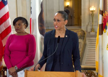 San Francisco, CA - Jan 25, 2023:  District Attorney Brooke Jenkins speaking at a Press Conf at City Hall announcing the new Bay Area Abortion Rights Coalition (BAARC)