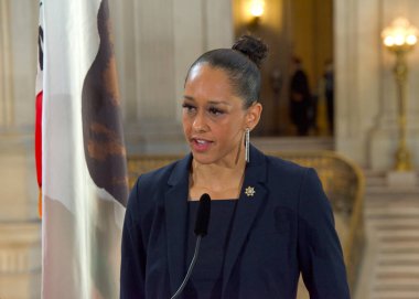 San Francisco, CA - Jan 25, 2023:  District Attorney Brooke Jenkins speaking at a Press Conf at City Hall announcing the new Bay Area Abortion Rights Coalition (BAARC)