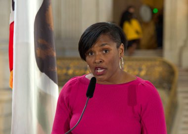 San Francisco, CA - Jan 25, 2023: Kimberly Ellis, Director of the Dept of the Status on women, speaking at a Press Conf announcing the new Bay Area Abortion Rights Coalition (BAARC)