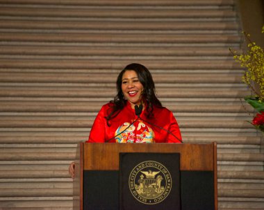 San Francisco, CA - Jan 30, 2023: Mayor London Breed speaking at Lunar New Year Celebration at City Hall.