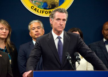 Sacramento, CA - Feb 1, 2023:  Governor Gavin Newsom speaking at a Gun Safety Legislation Press Conference. clipart