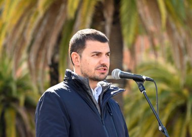 San Francisco, CA - Feb 25, 2023: Consul General of Ukraine Kushneruk Dmytro speaking at Unite for Ukraine Rally at Harry Bridges Plaza on the Embarcadero.