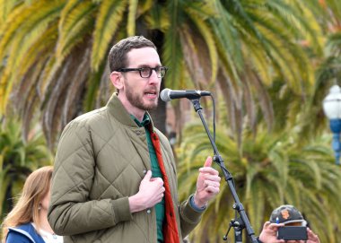 San Francisco, CA - Feb 25, 2023:  Senator Scott Wiener speaking at Unite for Ukraine Rally at Harry Bridges Plaza on the Embarcadero.