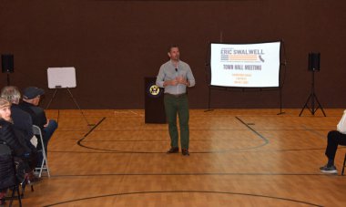 Pleasanton, CA - March 1, 2023: Eric Swalwell, representive for Californias 15th congressional district, speaking with constituents at a Town Hall meeting. 