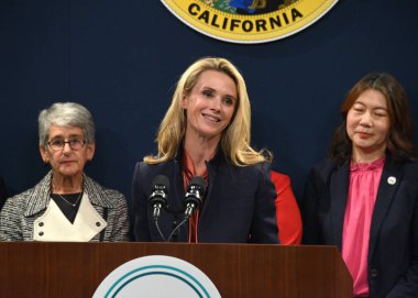 Sacramento, CA - March 14, 2023: First Partner Jennifer Siebel Newsom, speaking at the California's Equal Pay Day Pledge Event. clipart