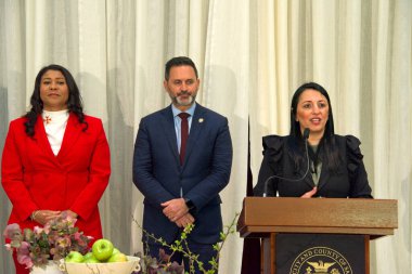 San Francisco, CA - 24 Mart 2023: Sepideh Nasiri, Tech 'teki Pers Kadınlarının CEO' su ve kurucusu Belediye Binası 'ndaki Nowruz kutlamasında konuşma yaptı. Nowruz, İran ya da İran Yeni Yılı dünya çapında kutlandı.