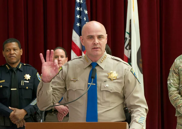 stock image San Francisco, CA - April 28, 2023: Commissioner Sean Duryee of the CA HWY Patrol speaking about the new state public safety partnership  targeting fentanyl trafficking and drug rings in the city.