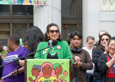 Oakland, CA - May 4, 2023:  Samia Khattab, Teacher Librarian, speaking at a Teacher Strike Rally at Frank Ogawa Plaza