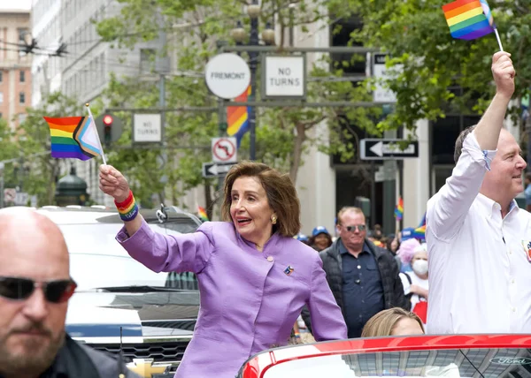 stock image San Francisco, CA - June 24, 2023: Nancy Pelosi and Adam Schiff participating in the SF Gay Pride Parade up Market  St to Civic Center. Theme, Looking Back, Moving Forward.