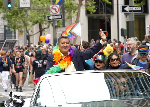 stock image San Francisco, CA - June 24, 2023: Treasurer Jose Cisneros participating in the SF Gay Pride Parade up Market  St to Civic Center. Theme, Looking Back, Moving Forward.