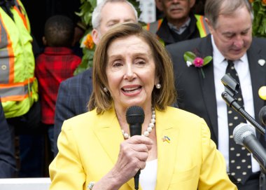 San Francisco, CA - Aug 2, 2023: Representative Nancy Pelosi, former speaker of the house, speaking at the 150th celebration of the First Cable Car Ride in the city.  clipart