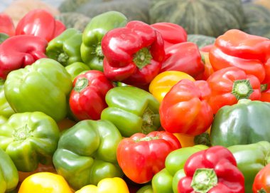 Taze toplanmış taze çan biberi yığınına yakın durun. Yeşil, sarı, kırmızı ve turuncu. Çiftçi pazarında satılık..