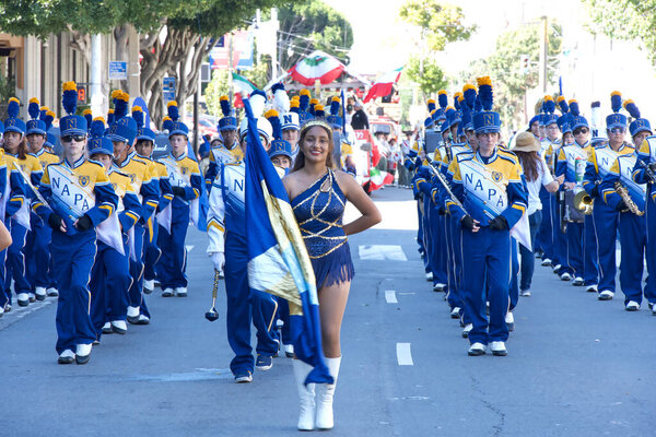 San Francisco, CA - Oct 8, 2023: Napa HS Band performing in the 155th annual Italian Heritage Parade,  celebrating the accomplishments and culture of all Italian Americans.