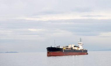 San Francisco, CA - 20 Aralık 2023: Kargo gemisi San Francisco Körfezi 'nde demirli, arka planda bulutlu kış gökyüzü.