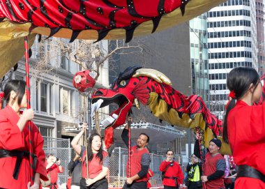 San Francisco, CA - 24 Şubat 2024: Kimliği belirsiz katılımcılar Çin Yeni Yıl Geçidi 'nde sahneye çıkmadan önce bir ejderhayla alıştırma yapıyorlar