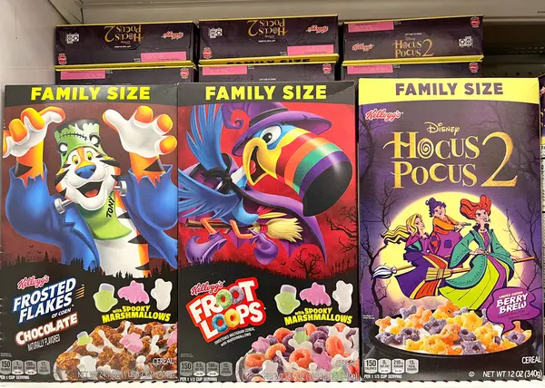 stock image Alameda, CA - Sept 15, 2022: Grocery store shelf with boxes of Kellogg's brand cereals. Frosted flakes with chocolate, Fruit Loops with Spooky Marshmallows and  Hocus Pocus Berry Brew.