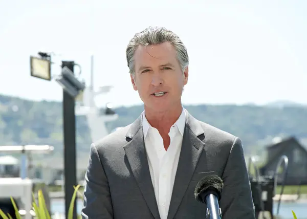 stock image Larkspur, CA - April 16, 2024: Governor Gavin Newsom speaking at a Press Event announcing a climate partnership between California and Norway, a commitment to international climate collaboration