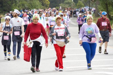 San Francisco, CA - 19 Mayıs 2024: Geleneksel Bay to Breakers yarışına katılanlar Golden Gate parkından geçecekler. Bay to Breakers, eğlenceli kostümler giyen birçok katılımcısıyla ünlüdür..