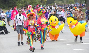 San Francisco, CA - 19 Mayıs 2024: Geleneksel Bay to Breakers yarışına katılanlar Golden Gate parkından geçecekler. Bay to Breakers, eğlenceli kostümler giyen birçok katılımcısıyla ünlüdür..