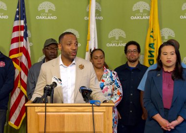 Oakland, CA - May 23, 2024: City Administrator Jestin Johnson at a Press Conf answering questions from reporters about the city budget clipart