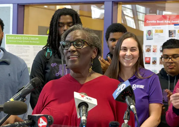 stock image Oakland, CA - May 22, 2024: Carolyn Johnson from Black Culture Zone, speaking at a Press Conference regarding the plans for the Coliseum property.