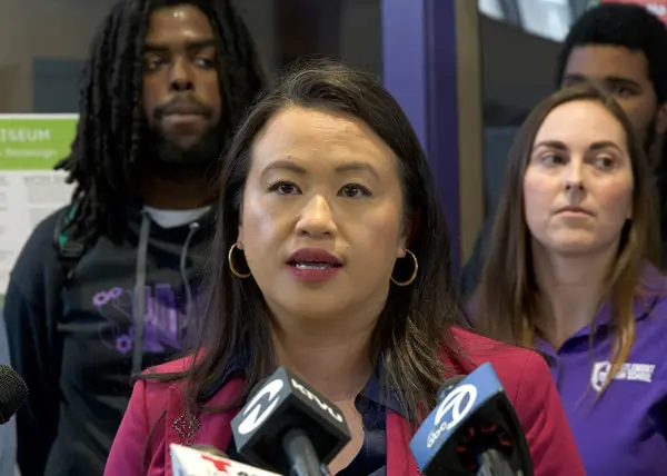 stock image Oakland, CA - May 22, 2024: Mayor Sheng Thao speaking at a Press Conf re the sale of the city's share of the Coliseum property to the African American Sports and entertainment group