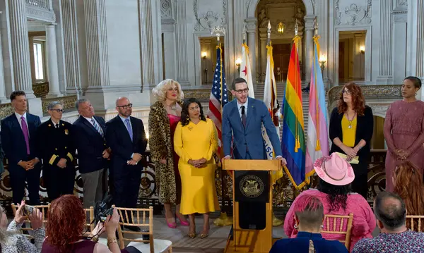 stock image San Francisco, CA - June 3, 2024: State Senator Scott Wiener speaking at a press conf to kick off San Franciscos 53rd Annual Pride Month. This years theme, Beacon of Love. 