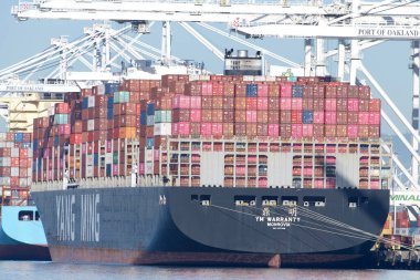 Oakland, CA - 28 Şubat 2024: Kargo gemisi YM WARRANTY Oakland Limanı 'nda yükleme ve boşaltma. Amerika 'nın en işlek beşinci limanı..