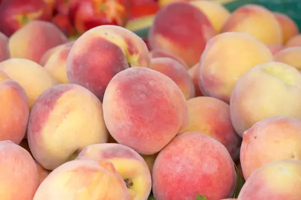 stock image Close up on pile of fresh ripe Alberta Peaches for sale at farmers market. View from above.