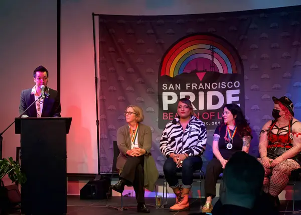 stock image San Francisco, CA - June 26, 2024: Participants at the Grand Marshals Press Preview at the SFLGBT Center