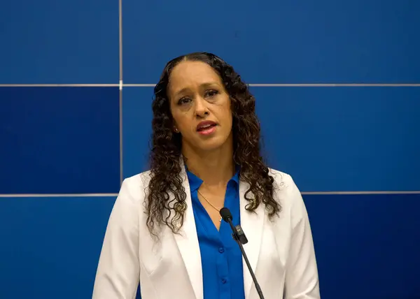 stock image San Francisco, CA - Aug 6, 2024: DA Brooke Jenkins speaking at a press conf highlighting new public safety drone program that is delivering results in decreasing crime.