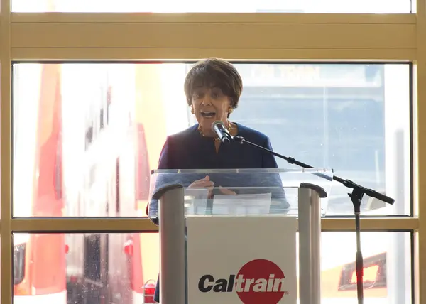 stock image San Francisco, CA - Aug 10, 2024:  Congresswoman Anna Eshoo speaking at a press event to celebrate Caltrains First Electric Train Ride. 