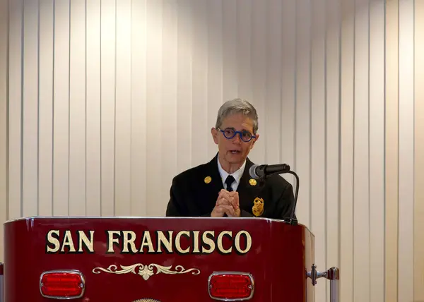 Stock image San Francisco, CA - August 14, 2024: Fire Chief Jeanine Nicholson announcing her plan to retire for health reasons and thanking the community she works for.