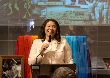 San Francisco, CA - Sept 13, 2024:  Mayor London Breed speaking at the Gilbert Baker Rainbow Landmarking Signing at the GLBT Historical Society building in the Castro clipart