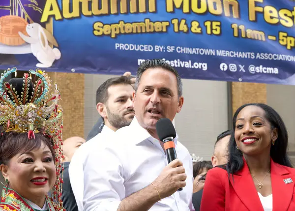 stock image San Francisco, CA - Sept 14, 2024: Supervisor Ahsha Safai speaking at the opening ceremony for the 34th annual Autumn Moon Festival.