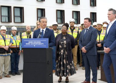 San Francisco, CA - Sept 19, 2024:  Attorney General Rob Bonta speaking at a press event signing legislation to take action on housing and homelessness and announcing funding. clipart