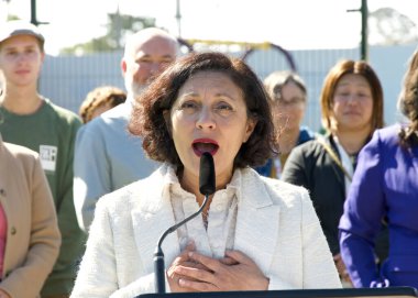 San Francisco, CA - Oct 11, 2024: Supervisor Myrna Melgar speaking at a Press Conf on the City's implementing of the safety upgrades as part of the West Portal Station Safety project. clipart