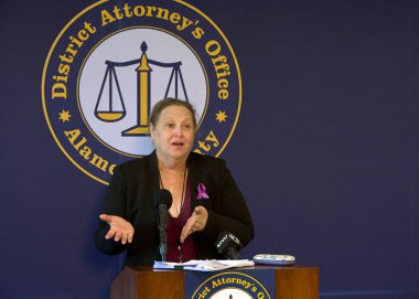 Oakland, CA - Oct 16, 2024: Chief of Prosecutors, Evanthia Pappas speaking at a Press Conf regarding the diagnosis and Remedy for a Longstanding Backlog of Misdemeanor Cases in the courts. clipart