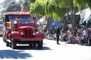 Half Moon Bay, CA - 19 Ekim 2024: 52. Geleneksel Sanat ve Balkabağı Festivali 'nin tanımlanamayan katılımcıları, geçit törenine katılıyor..