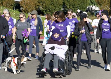 San Ramon, CA - 26 Ekim 2024: Alzheimer hastaları için farkındalık, destek ve araştırma amaçlı dünyanın en büyük etkinliği olan Alzheimer yürüyüşüne katılanlar. 