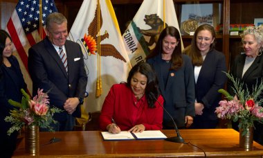 San Francisco, CA - Dec 19, 2024: Mayor London Breed signing legislation authorizing the soccer franchise a 25 year lease to lock in Treasure Island as their home training facility. clipart