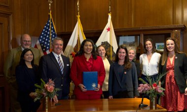 San Francisco, CA - Dec 19, 2024: Mayor London Breed signing legislation authorizing the soccer franchise a 25 year lease to lock in Treasure Island as their home training facility clipart